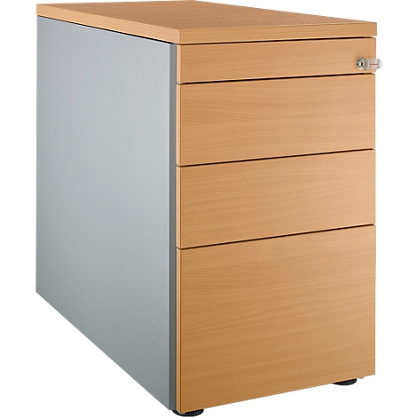 Cajonera de oficina de madera con tres cajones. Gris a la izquierda, color madera a la derecha, con cerradura.