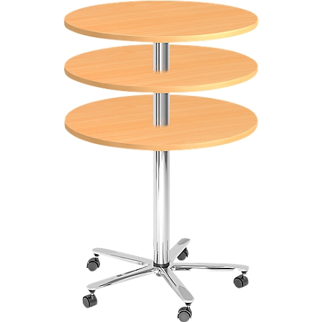 Three-tiered round side table on wheels. Light wood surfaces, silver column, black casters.