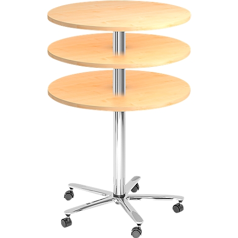 Round, three-tiered table with light brown wooden shelves, a central chrome pole and wheeled feet.