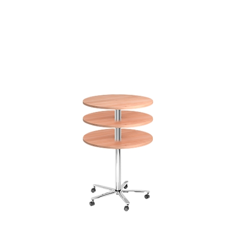 Three-tiered round wooden side table with wheels, against a white background.