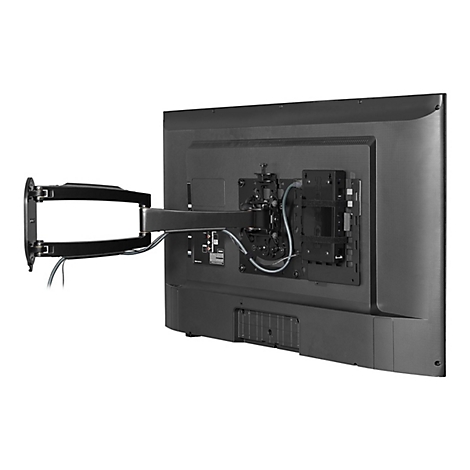 Rückseite eines Fernsehers mit Wandhalterung. Schwarze Halterung mit Kabeln, TV-Anschlüssen und strukturiertem Gehäuse.