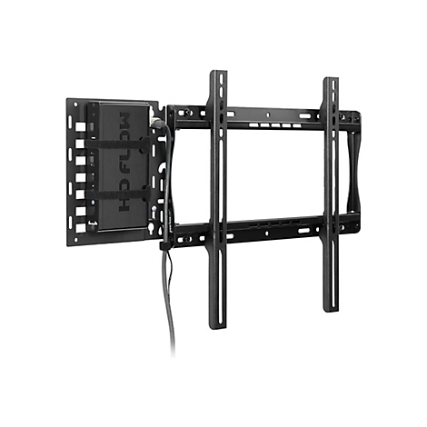 Schwarze TV-Halterung an der Wand, mit Komponenten. Das Gerät trägt den Schriftzug „HDFX“.