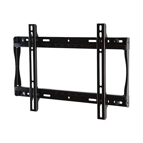 Schwarze TV-Halterung vor weißem Hintergrund, mit horizontalen und vertikalen Metallstangen.