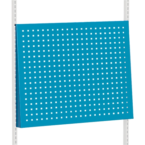 Turquoise perforated plate attached to metal bracket. Rectangular shape with square holes. Light enters from the left.