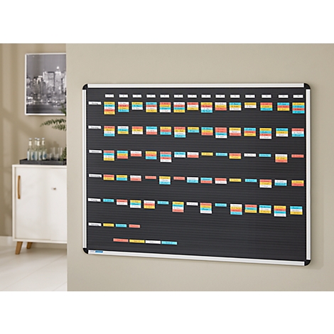Zwart prikbord met kleurrijke plaknotities, hangend aan een beige muur. Op de achtergrond een wit dressoir met decoratie.