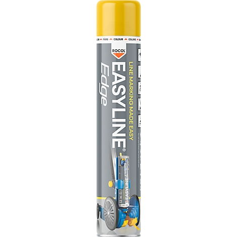 Bombe de peinture jaune ROCOL Easyline avec image du produit. Inscription Easyline et Edge.