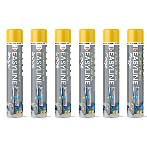 Six bombes de peinture côte à côte. Couvercle jaune, bombe grise avec inscription blanche : EASYLINE Edge.