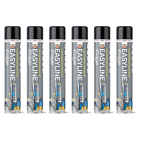 Six bombes de peinture EASYLINE Edge, noir-gris-bleu, sur fond blanc. Inscription : Line marking made easy.