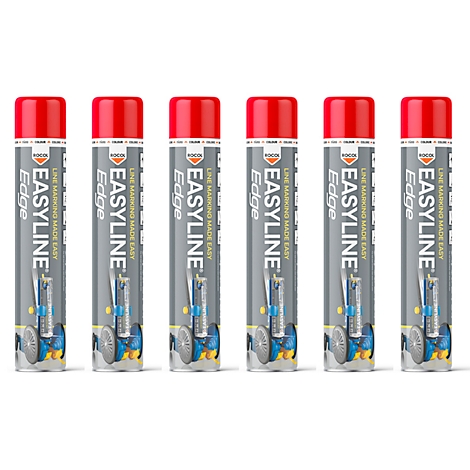 Six vaporisateurs EASYLINE Edge, rouge-gris, sur fond blanc. Sur chaque boîte on peut lire "LINE MARKING MADE EASY" et "EASYLINE Edge."