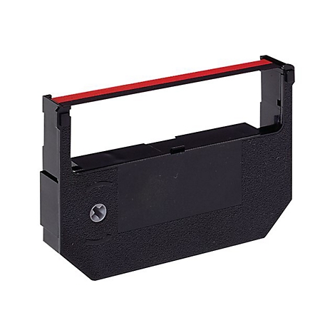 Schwarze Farbbandpatrone mit roter Farbspur. Ein grauer Knopf ist an der Seite angebracht.