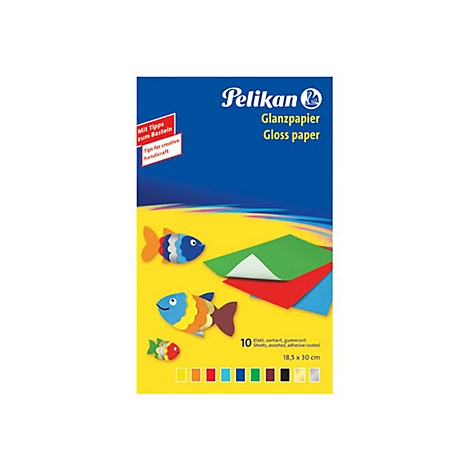 Pelikan Glanzpapier-Packung mit 10 sortierten, gummierten Blättern und Bastelbeispielen von Fischen.