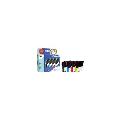 Tintenpatronen-Packung mit geÃ¶ffneter Packung und einzelnen Patronen, blau, pink, gelb und schwarz.
