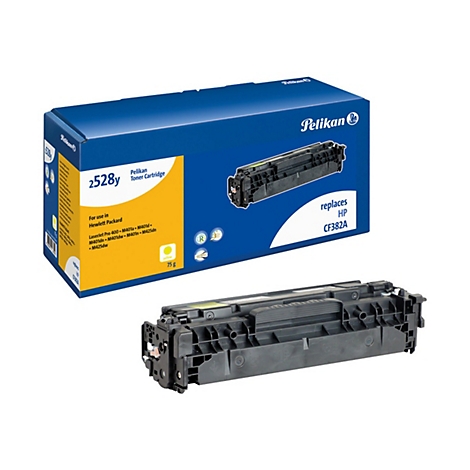 Eine blaue Pelikan-Verpackung und ein schwarzer Toner fÃ¼r einen Drucker. Auf der Verpackung steht: 2528y Toner Cartridge, ersetzt HP CF382A.
