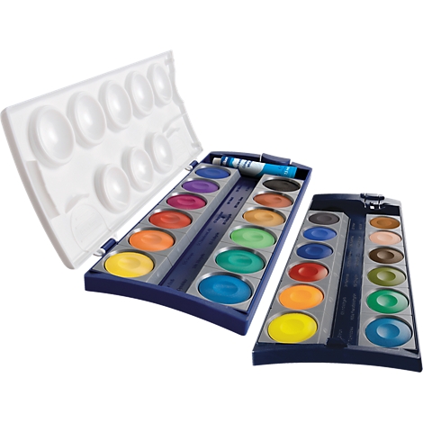 Zwei offene Aquarell-Farbmalkästen mit vielen bunten, runden Farbnäpfchen auf weißem Hintergrund.
