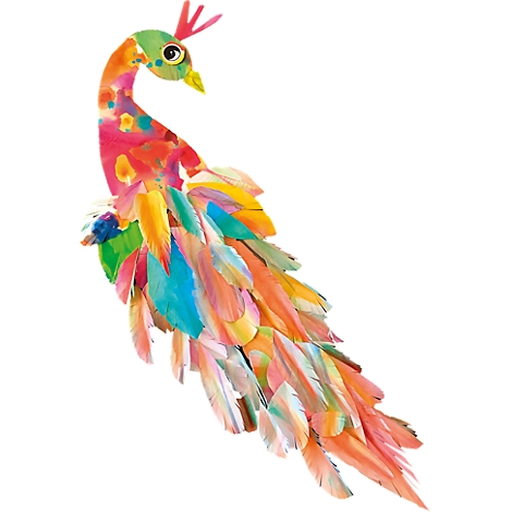 Bunter, kunstvoll gestalteter Pfau aus vielen gemusterten und farbenfrohen Papierfedern vor weißem Hintergrund.