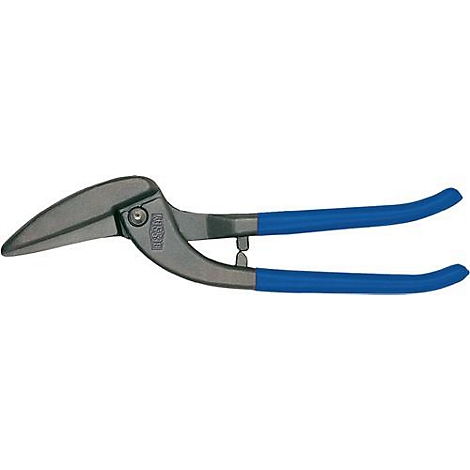 Metalen schaar met grijze bladen en blauwe handvatten.