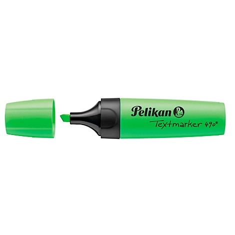 A green Pelikan text marker with the cap off, lying on a white background.
