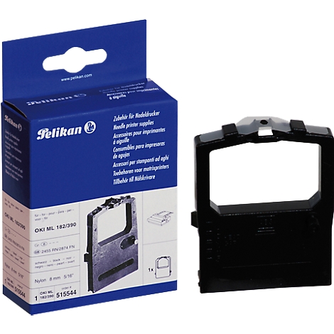 A black ink ribbon cartridge and the Pelikan packaging, with product information.