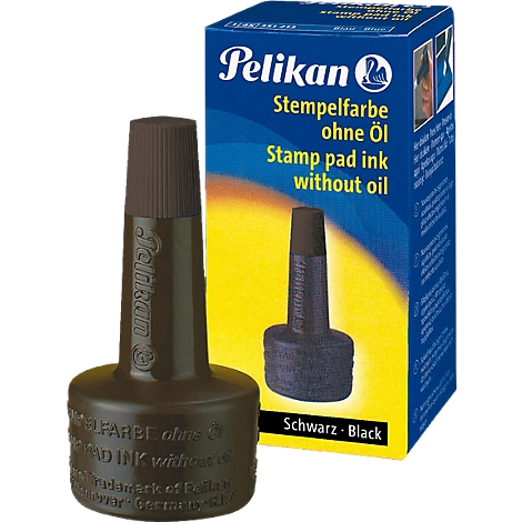 Black stamp pad ink bottle from Pelikan, with box. Text: Stamp pad ink without oil, Schwarz-Black.
