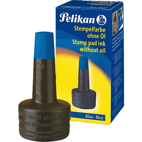 Blue Pelikan stamp pad ink bottle and packaging. Inscription: Stamp pad ink without oil, Blau-Blue.