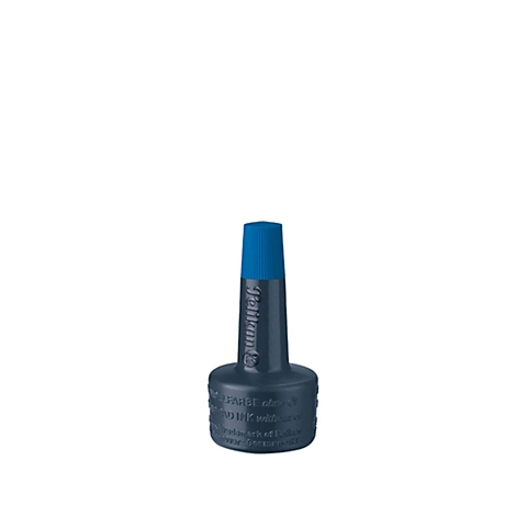 Blue ink bottle on white background. The lid is light blue, the rest is dark blue. There is text on the edge.