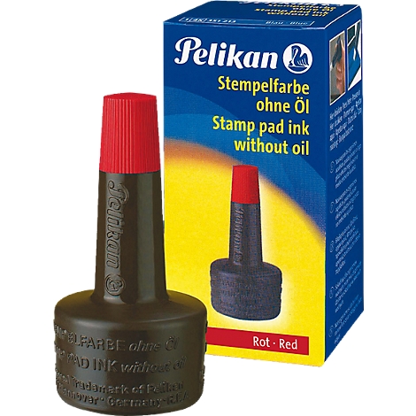 A bottle of Pelikan stamp pad ink with a red lid and packaging.