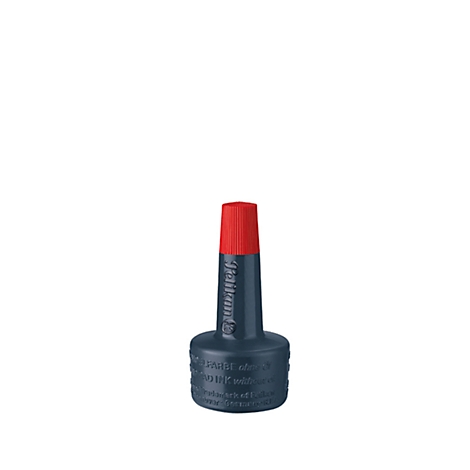 An ink bottle with a red cap and a blue body. Lettering 'Hattlauer'.