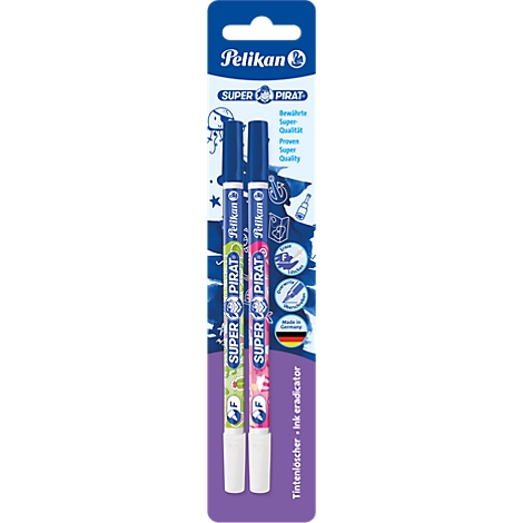 Zwei bunte Pelikan Super Pirat Tintenlöscher auf einer Blisterkarte in Blau und Lila.