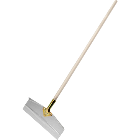 Un outil de distribution de matériaux. Il a un manche en bois clair, une tête en métal argenté et une connexion en métal doré.