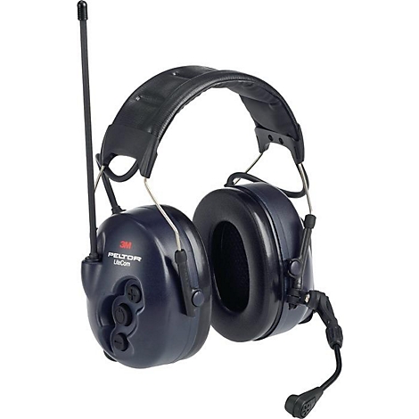 Donkerblauwe headset met microfoon en antenne.