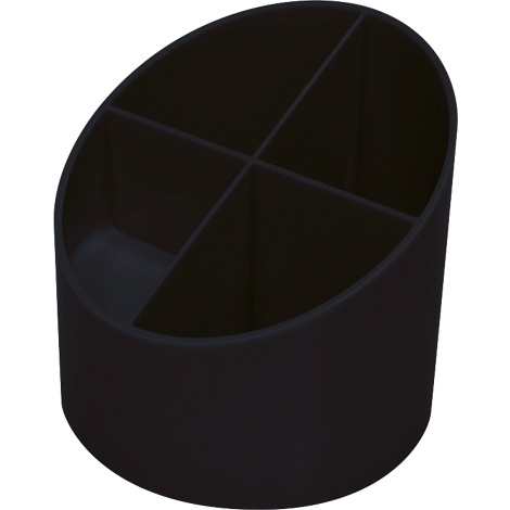 Black pen holder with four compartments, diagonal cut.