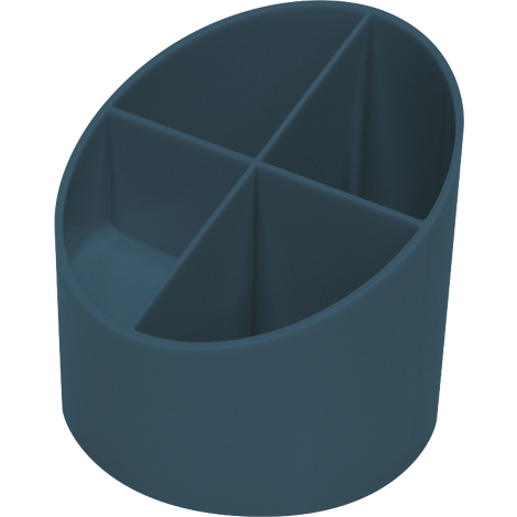 Blue pen holder with four compartments. The edge is beveled.