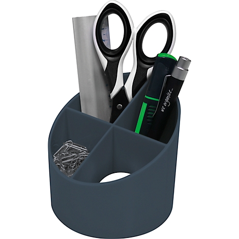 Dark blue pen holder with scissors, pens, ruler and paper clips.