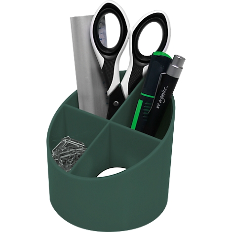 Green pen holder with scissors, pens, paper, and paperclips.