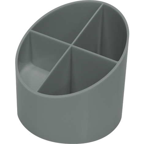 Gray pen holder with four compartments. It is oval and the front is beveled.
