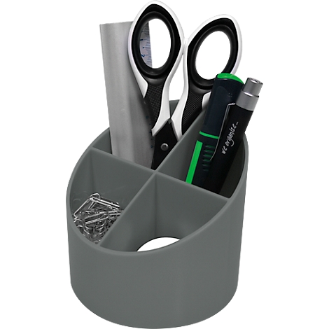 Gray desk organizer holding scissors, pens, paper clips, and ruler, divided into sections.