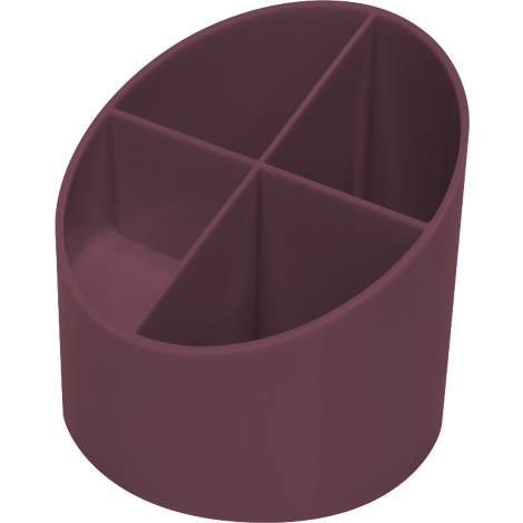 Burgundy pen holder with four compartments.
