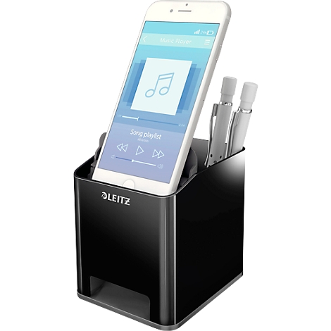 Black pen holder with a white smartphone displaying a music app and two pens.