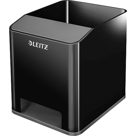 Black, square pen holder of the Leitz brand. LEITZ is on the front.