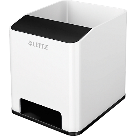 White pen holder with black accent by Leitz. The holder has a rectangular shape with a cutout.