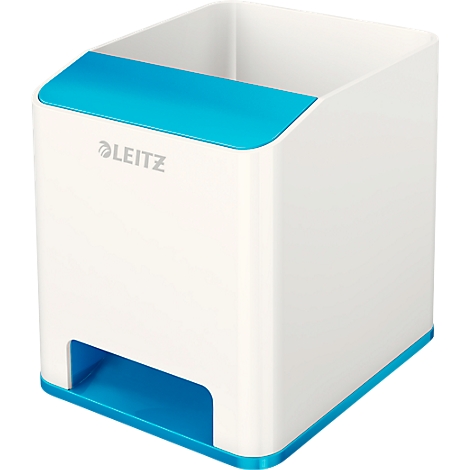 White pen holder with blue accent. Blue line at the top and bottom. Leitz lettering.