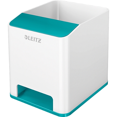 White Leitz pen holder with turquoise accents, open interior, and Leitz branding.