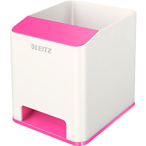 White pencil holder with pink accents and Leitz logo.