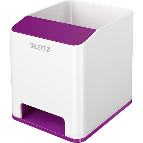 White pen holder with purple accents. The brand name LEITZ is on the front.