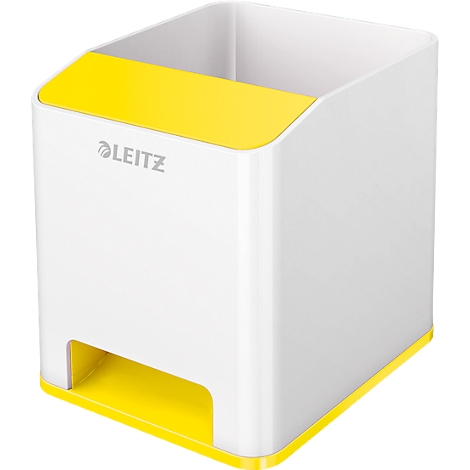 White rectangular pen holder with yellow trim and yellow interior. The Leitz logo is on the side.