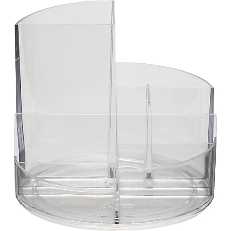 Transparent pen holder with multiple compartments for desk supplies.