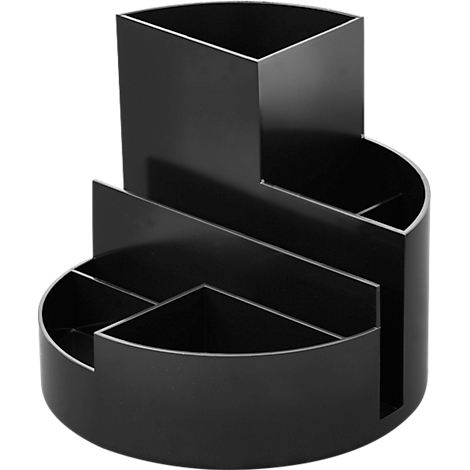 Black desk organizer with multiple compartments and a tall rectangular storage.