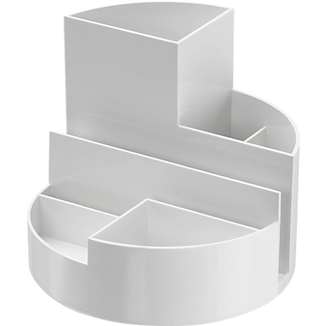 White, semi-circular pen holder with various compartments.