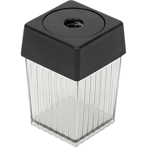 Transparent, ribbed plastic container with black lid and hole in the middle.
