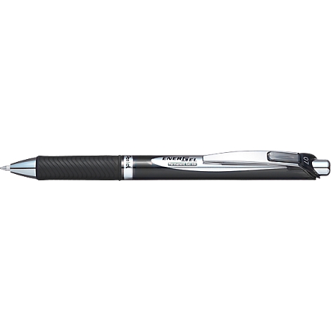 A pen with a black handle and silver tip lies on a white background.